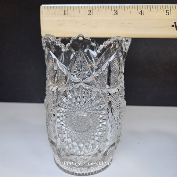 Vtg Brunswick Brilliant Cut Clear Floral Glass Vase Hobstar Sawtooth Rim/ READ - Picture 6 of 12